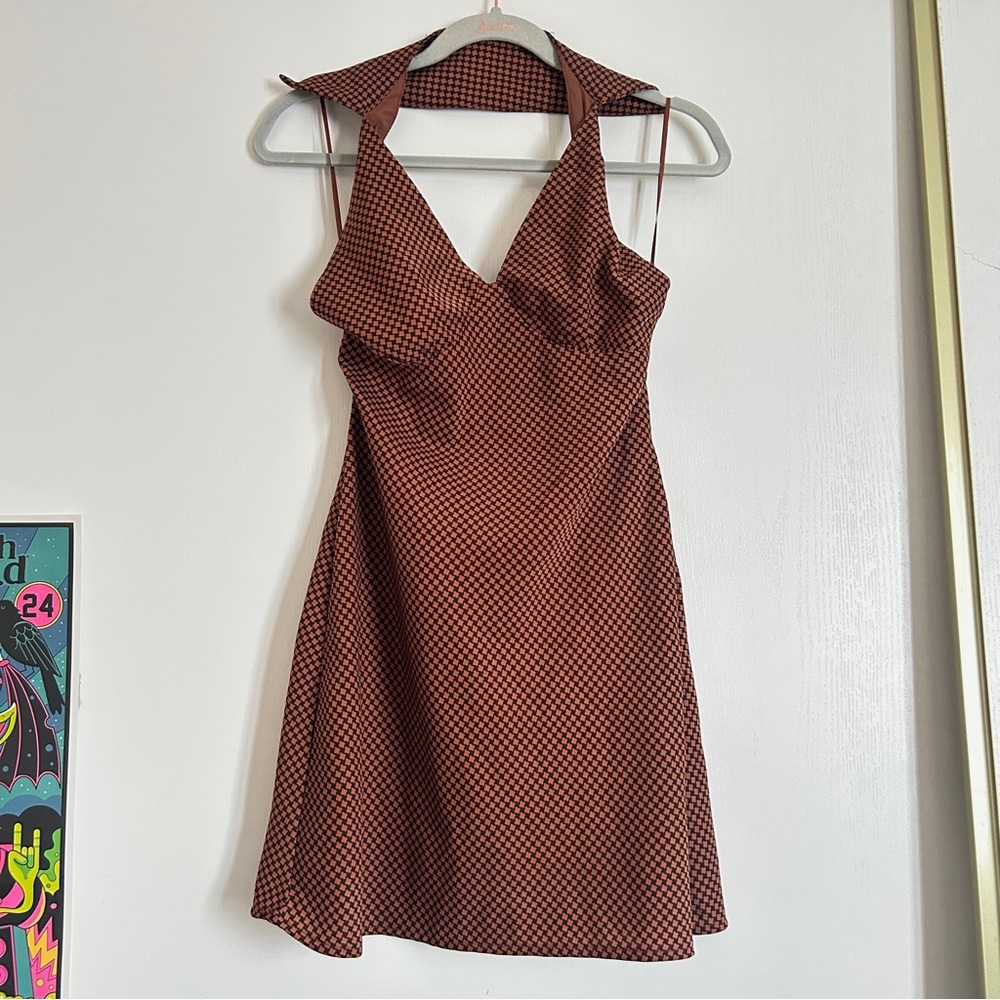 Le Lis XS Brown Checkered Dress Backless with Collar